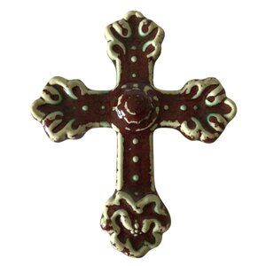 Vintage Ceramic Wall Cross Religious Distressed Burgundy & Cream Glaze Finish